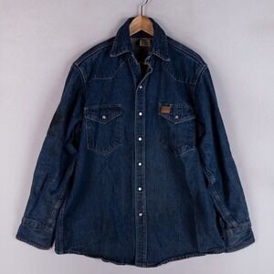 Rasco Mens Denim Work Shirt Large Long Blue Pearl Snap Heavy Duty Distressed